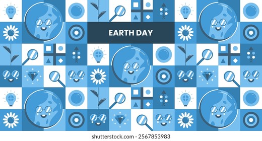 Earth Day geometric pattern design with cool smiley's, globes, flowers, and more. Vector illustration.