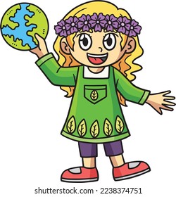 Earth Day Girl In Forest Cartoon Colored Clipart