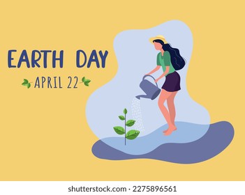 Earth Day with a girl in shorts watering a plant in flat style