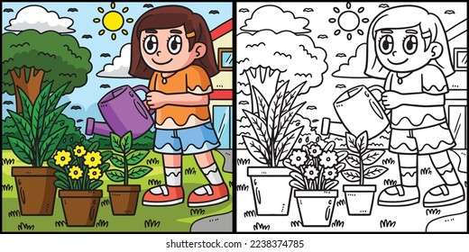 Earth Day Girl Watering Plants Illustration