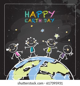 Earth Day, Globus-Vektorkonzept, mit Kindern. Skihütte auf schwarzer Pappe, 22. April, Weltumwelthintergrund, Plakat. 