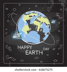 Earth day, globe illustration vector concept. Chalk on blackboard drawing, April 22 world environment background, poster. 