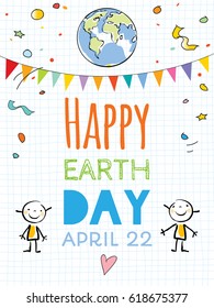 Earth day, globe illustration vector concept, with kids. April 22 world environment background, poster. 