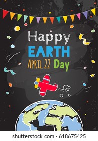 Earth day, globe illustration vector concept. Chalk on blackboard drawing, April 22 world environment background, poster. 