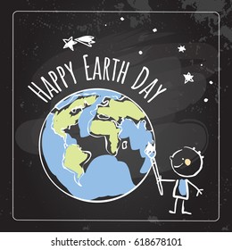 Earth day, globe illustration vector concept, with kids. Chalk on blackboard drawing, April 22 world environment background, poster. 