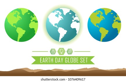 Earth day globe set and icons, 22 April. 3 Color of Globes. Flat design vector graphic.