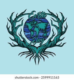 Earth Day with Globe, Wave and Tree Vector Vintage Abstract Artistic Style