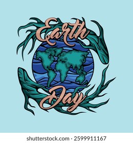 Earth Day with Globe, Wave and Tree Vector Vintage Abstract Artistic Style