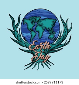 Earth Day with Globe, Wave and Tree Vector Vintage Abstract Artistic Style