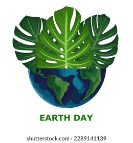 Earth day. Go green environmental design. Globe with green leaves vector illustration. Caring for nature. Monstera leaf
