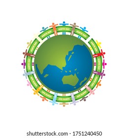 Earth day graphic illustration with rounded green ribbon and people. 