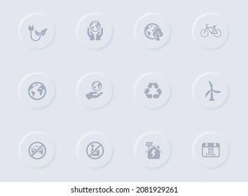 earth day gray vector icons on round rubber buttons. earth day icon set for web, mobile apps, ui design and promo business polygraphy