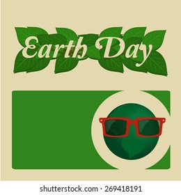 Earth Day, green leaves and planet with sunglasses