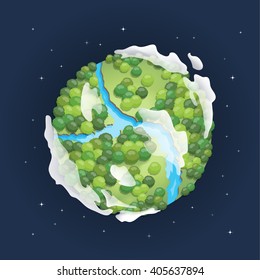 Earth day. Green Planet concept with forest, river and stars. Vector illustration.