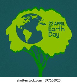Earth Day Green Tree With Globe World Silhouette Vector Illustration