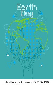 Earth Day Green Tree With Globe World Sketch Thin Line Vector Illustration