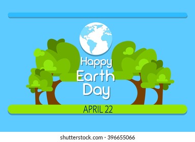 Earth Day Green Trees With Globe World Flat Vector Illustration