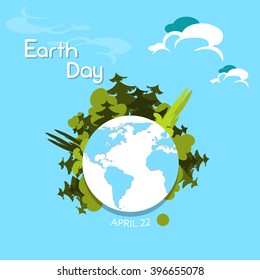 Earth Day Green Trees Grow from Globe World Vector Illustration