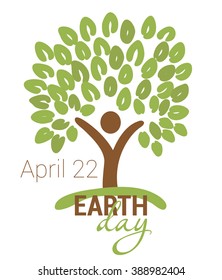 Earth Day greeting with abstract tree as human figure and leaves. April 22. vector