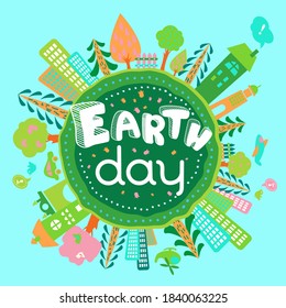 Earth Day greeting card. Cute doodle cartoon Globe image with trees, cities, flowers in vector.  Eco concept. Motivational childish ecology banner, background, poster.