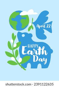 Earth day greeting card with grizzly bear, flying dove holding olive branch and Earth planet globe. Clear and simple vector illustration
