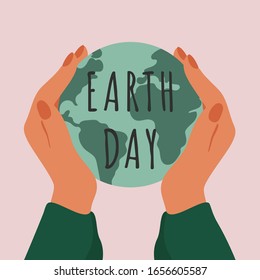 Earth day greeting card. Human hands hold green planet Earth with care. Vector ecological illustration isolated from background