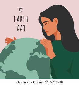 Earth day greeting card. Young woman is embracing green planet Earth with care and love. Environment conservation and energy saving vector concept.