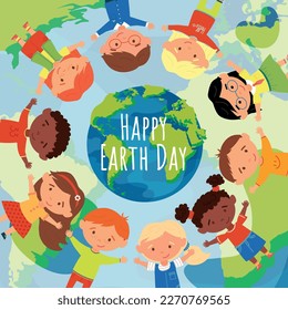 Earth Day greetings. Vector planet Earth surrounded by different children holding hands and the inscription "Happy Earth Day". Nature conservation concept. Design for social media, posters and flyers.