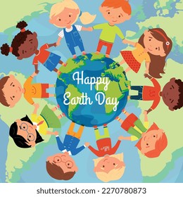 Earth Day greetings. Vector planet Earth surrounded by different children holding hands and the inscription "Happy Earth Day". Nature conservation concept. Design for social media, banners, posters .
