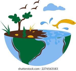 Earth Day- Half Earth With Nature Illustration