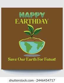 Earth Day, half planet growing plant with soil colour background. Eco friendly concept.Eco friendly design, Earth map shapes with shadow Save the Earth concept. April 22 flat style template, postcard.