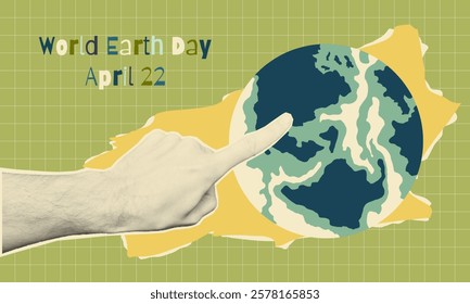 Earth Day Halftone Collage with Hand Pointing at Planet Illustration