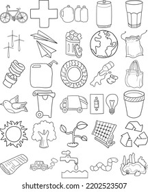 Earth Day Hand Drawn Doodle Line Art Outline Set Containing Earth, Water, Recycle, Plant, Recycle Bin, Trash Can, Newspaper, Plastic Bottles, Glass, Can, Bicycle, Tree, Pollution, Trash Truck, Litter