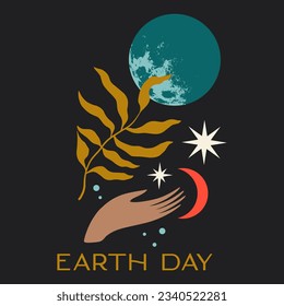 Earth Day hand holding International Mother Planet. Environmental problems and protection. Vector minimalist stylish clip art illustration. Caring for Nature and our world. Night landscape flat