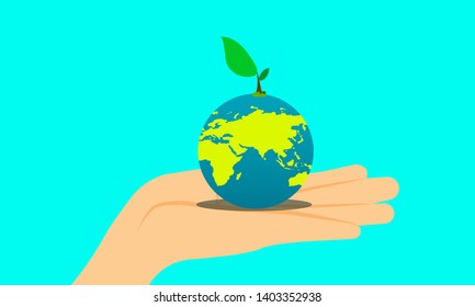 the earth day. hand holding the planet and little hero tree on top. let's plant a tree for your child's future. vector illustration esp10