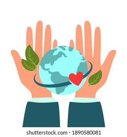Earth Day. Hands Holding The Green Earth Globe with leaves. Vector flat illustration. Environmental protection and care, a symbol of the environment, nature, peace