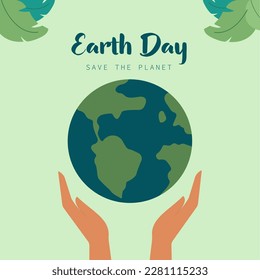  Earth Day. Hands protect the planet. Earth, Planet, Globe. Concept - Earth Day, Protection of our Planet. Vector illustration in flat style.
