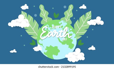 Earth Day handwriting with Branches and green leaves are on either side in  Earth Day isolated on white background, Vector illustration EPS 10