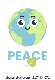Earth day, happy cartoon planet with cute face. Peace on Earth banner, stop war. Ecology poster with leaf. Environment pollution. Vector illustration.