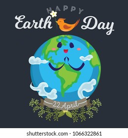 Earth day, happy planet surrounded by clouds looks at bird, ecology world concept , green and blue globe protection, global eco save nature vector illustration isolated on white background