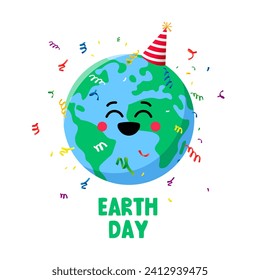 Earth Day. Happy smiling planet Earth in a festive hat. Explosion of colorful confetti. Design elements for a postcard, banner or poster. Vector illustration on a white background.