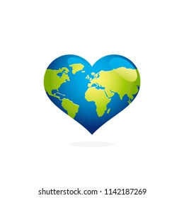 Earth day heart shaped globe illustration. Green planet map stock image.