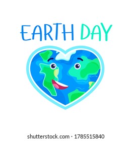 Earth Day. Heart shaped earth globe emoticon with eyes and mouth. Cheerful vector stock illustration.