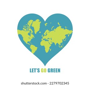 Earth Day. A heart-shaped world as a logo, sticker, icon, symbol. Vector illustration. Let's go green. Eco concept.