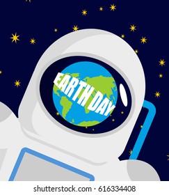 Earth Day. Helmet astronaut and planet reflected. cosmonaut cap
