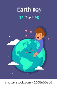 Earth Day holiday. Nature and ecology background. boy hugging earth planet between hearts, stars. vector Earth Day illustration. Vector view