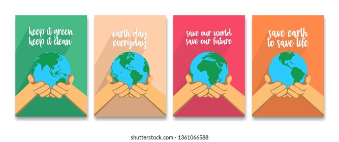 Earth day holiday poster in flat design set. Various earth day slogans.
