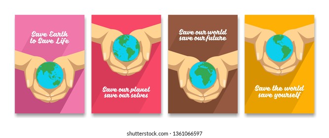 Earth day holiday poster in flat design set. Various earth day slogans.