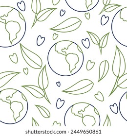 earth day holiday seamless pattern with drawn planets and plant sprouts and colored hearts drawn in outline, for posters, banners or textiles