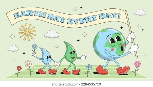 Earth Day holiday vector illustration in groovy 1970s style with Earth character holding an invitational ribbon with text.